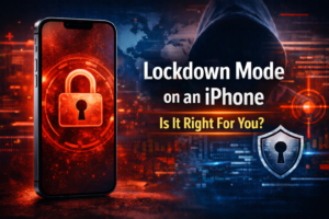 Lockdown Mode on iPhone 17 Pro showing security padlock on screen with cybersecurity background