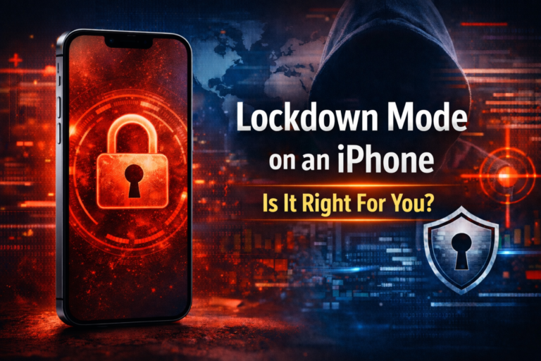 Lockdown Mode on iPhone 17 Pro showing security padlock on screen with cybersecurity background