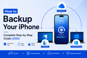 How to backup an iPhone using iCloud, Mac, and Windows PC in 2026, showing an iPhone connected to cloud backup, Mac, and Windows devices.