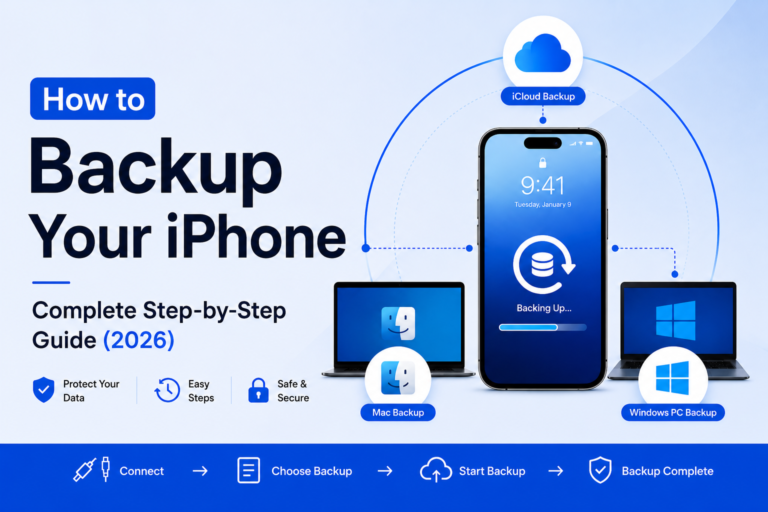 How to backup an iPhone using iCloud, Mac, and Windows PC in 2026, showing an iPhone connected to cloud backup, Mac, and Windows devices.