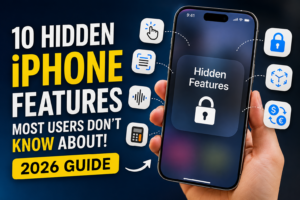 Thumbnail showing “10 Hidden iPhone Features Most Users Don’t Know About! 2026 Guide” with an iPhone in hand and feature icons around it.