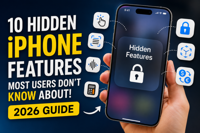 Thumbnail showing “10 Hidden iPhone Features Most Users Don’t Know About! 2026 Guide” with an iPhone in hand and feature icons around it.