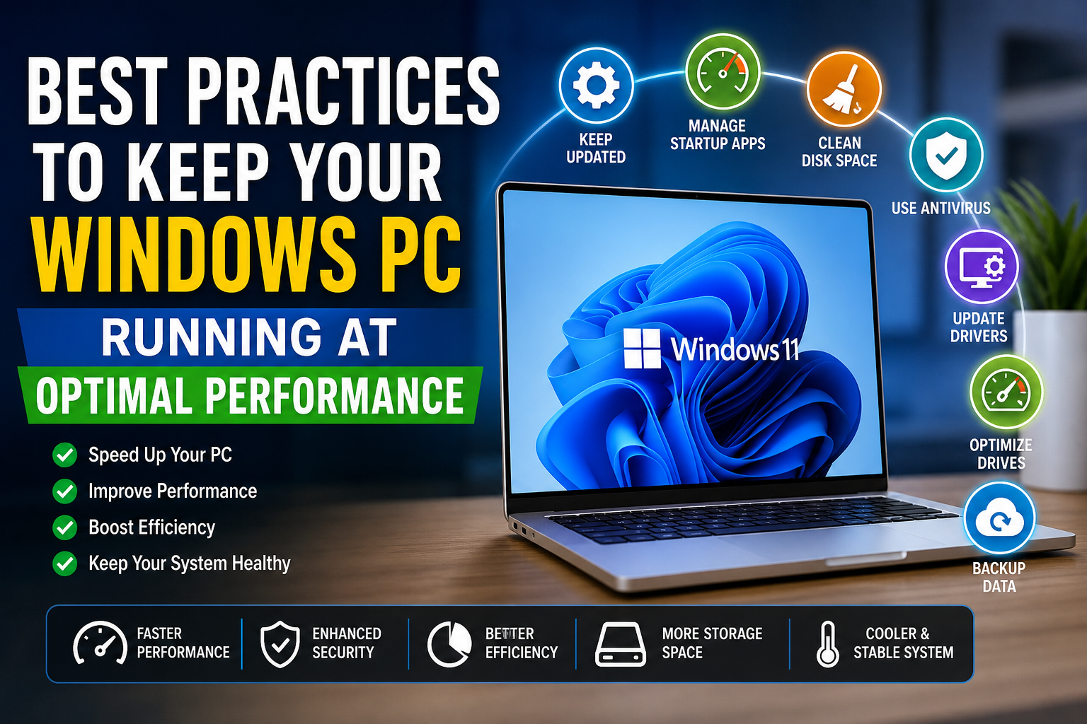 An infographic titled "Best Practices to Keep Your Windows PC Running at Optimal Performance." It features a modern laptop showing the Windows 11 logo and a series of icons highlighting maintenance tasks like keeping system updated, managing startup apps, cleaning disk space, using antivirus, updating drivers, optimizing drives, and backing up data.