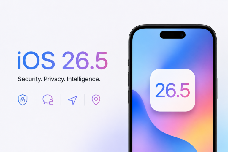 iOS 26.5 update featured image showing iPhone with new security features, encrypted RCS messaging, smarter Apple Maps, and dynamic Pride wallpaper