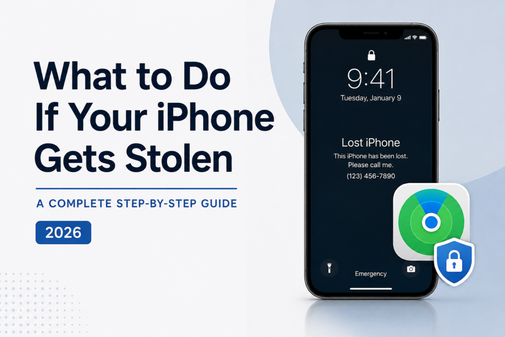 Minimalist featured image showing an iPhone in Lost Mode with Find My and security icons, illustrating what to do if an iPhone is stolen.