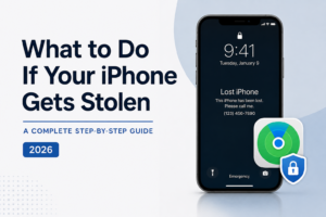 Minimalist featured image showing an iPhone in Lost Mode with Find My and security icons, illustrating what to do if an iPhone is stolen.