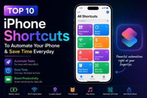 Featured image showing the top 10 best iPhone Shortcuts to automate everyday tasks, including Wi-Fi, Bluetooth, Low Power Mode, QR code generator, battery alerts, and app automation.