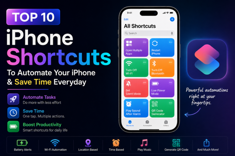Featured image showing the top 10 best iPhone Shortcuts to automate everyday tasks, including Wi-Fi, Bluetooth, Low Power Mode, QR code generator, battery alerts, and app automation.