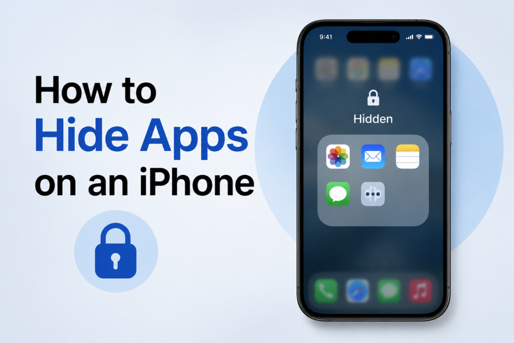 Illustration showing an iPhone with a hidden apps folder and lock icon for a guide on how to hide apps on an iPhone.