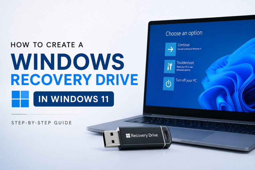 Windows 11 Recovery Drive tutorial showing a USB recovery drive and Windows Recovery Environment screen