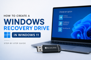 Windows 11 Recovery Drive tutorial showing a USB recovery drive and Windows Recovery Environment screen
