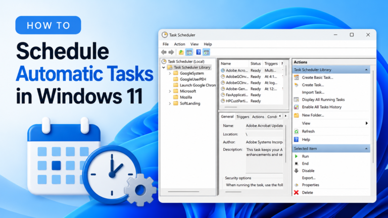 Windows 11 Task Scheduler interface with calendar and clock illustrations for scheduling automatic tasks